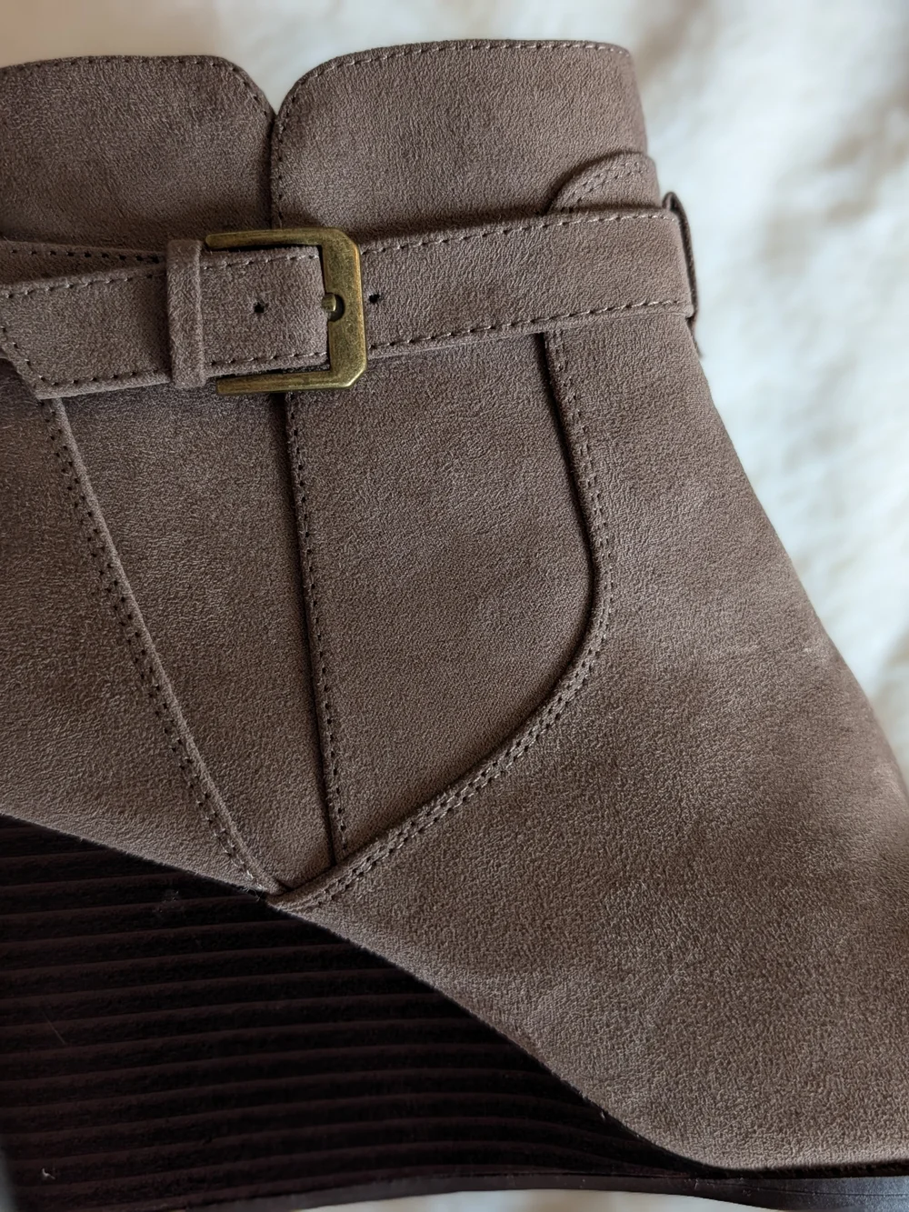 Market & Spruce Taupe Suede Wedge Ankle Booties with Buckle Detail